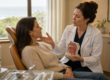 A dentist gently explains airway anatomy to a relaxed patient using a small model during a calm, sunlit consultation.