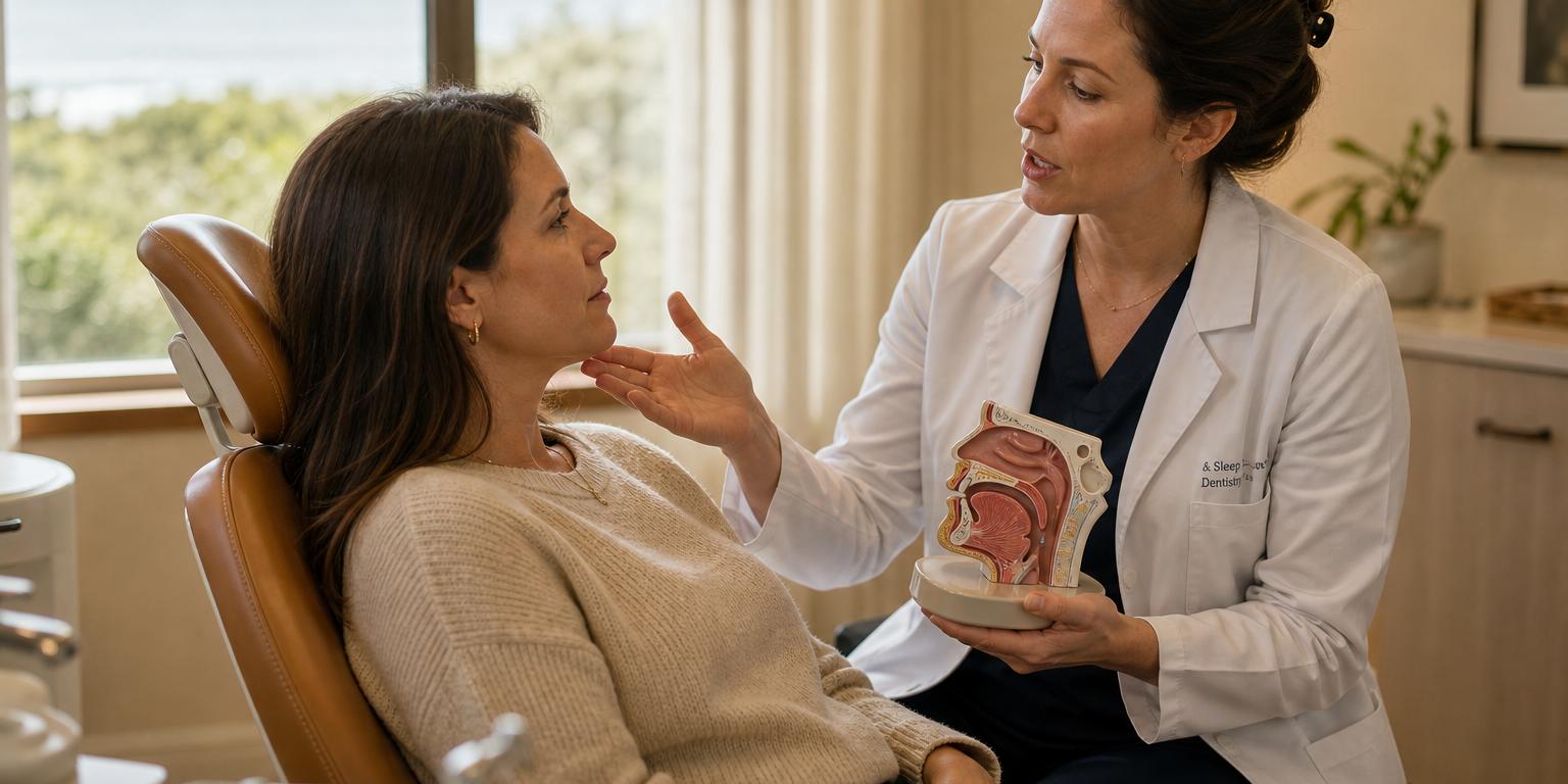 A dentist gently explains airway anatomy to a relaxed patient using a small model during a calm, sunlit consultation.