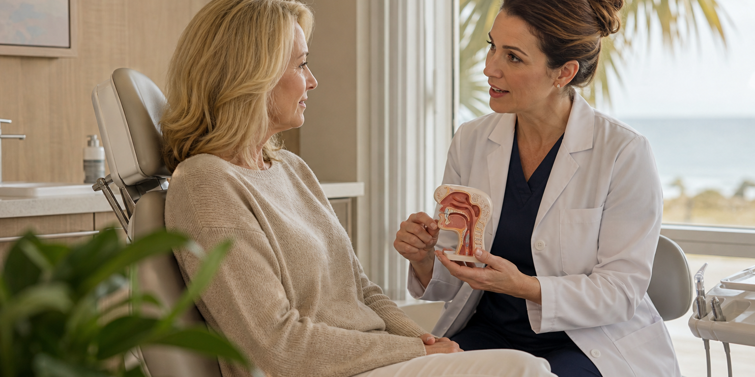 airway-dentistry-wilmington-nc-1791219814149 A dentist sits beside a patient near a sunlit window, gently explaining an airway model during a relaxed consultation.