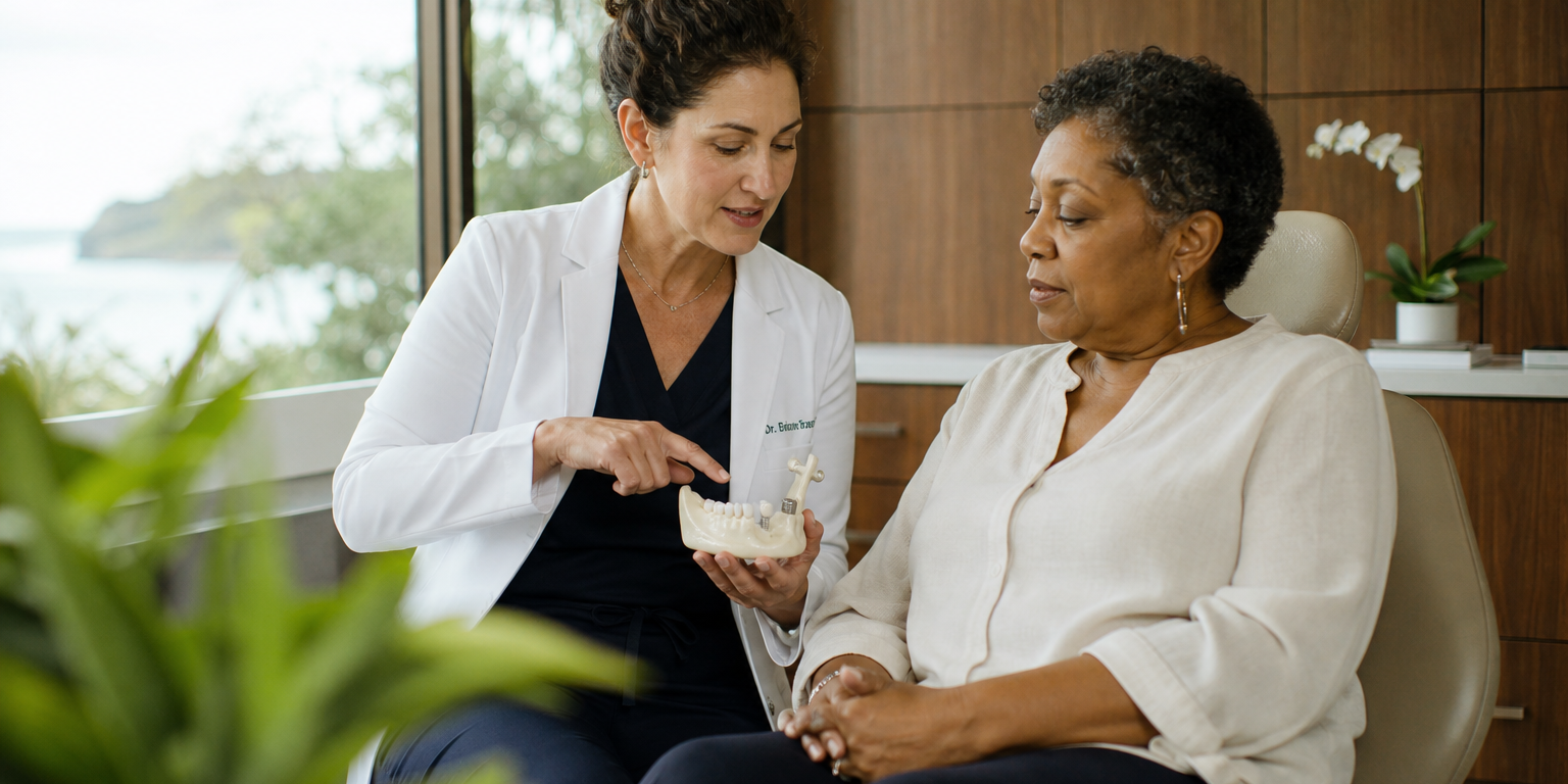 dental-cavitation-treatment-holistic-dentistry-1792429551728 A dentist in her 40s explains jaw anatomy to an attentive patient using a small model in a warmly lit dental room.