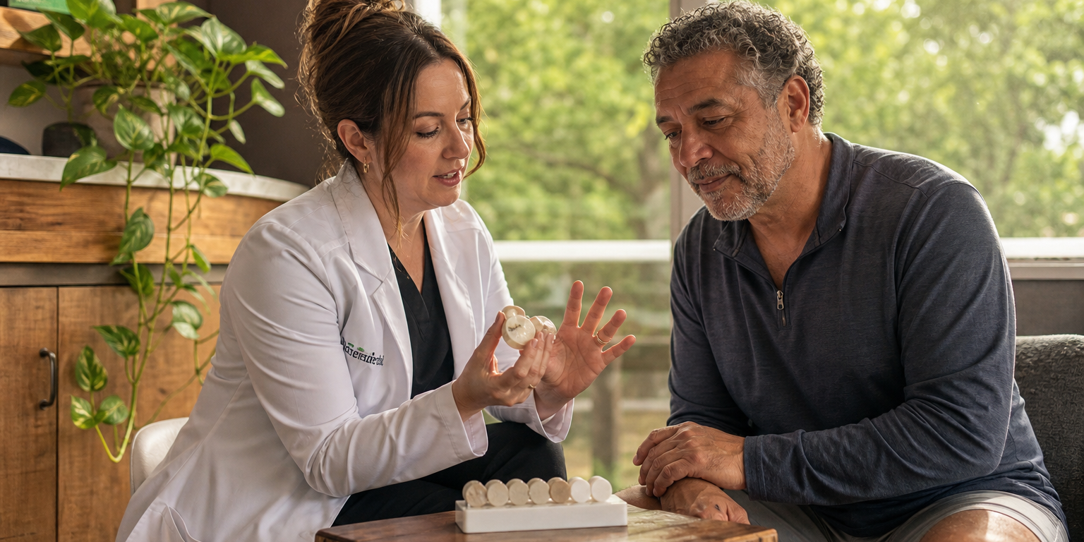 A dentist shows a patient small dental material samples at a warmly lit side table while explaining her findings.