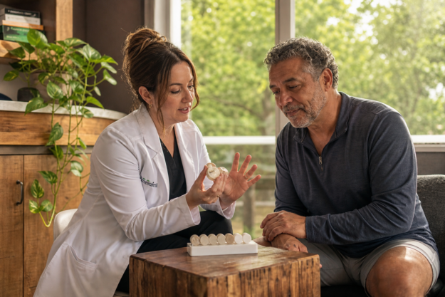 A dentist shows a patient small dental material samples at a warmly lit side table while explaining her findings.