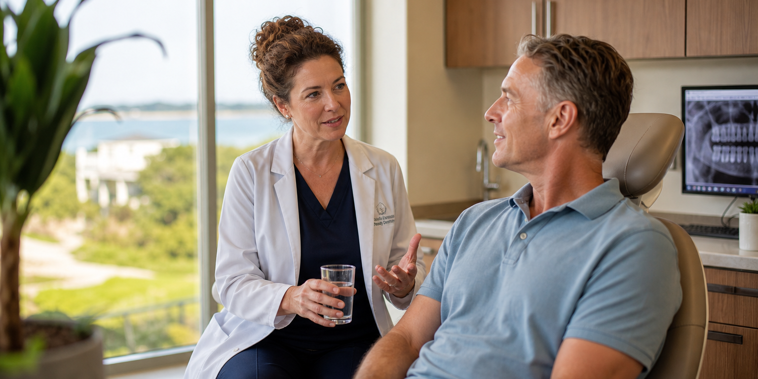 fluoride-free-dentistry-wilmington-nc-1792430156231 A female dentist sits beside a male patient near a sunlit window, gesturing gently while explaining treatment options.