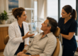 A dentist and hygienist talk through treatment options with a relaxed patient in a warmly lit dental consultation room.