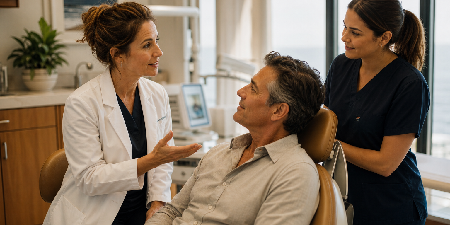 holistic-dentist-near-myrtle-beach-1792080560807 A dentist and hygienist talk through treatment options with a relaxed patient in a warmly lit dental consultation room.