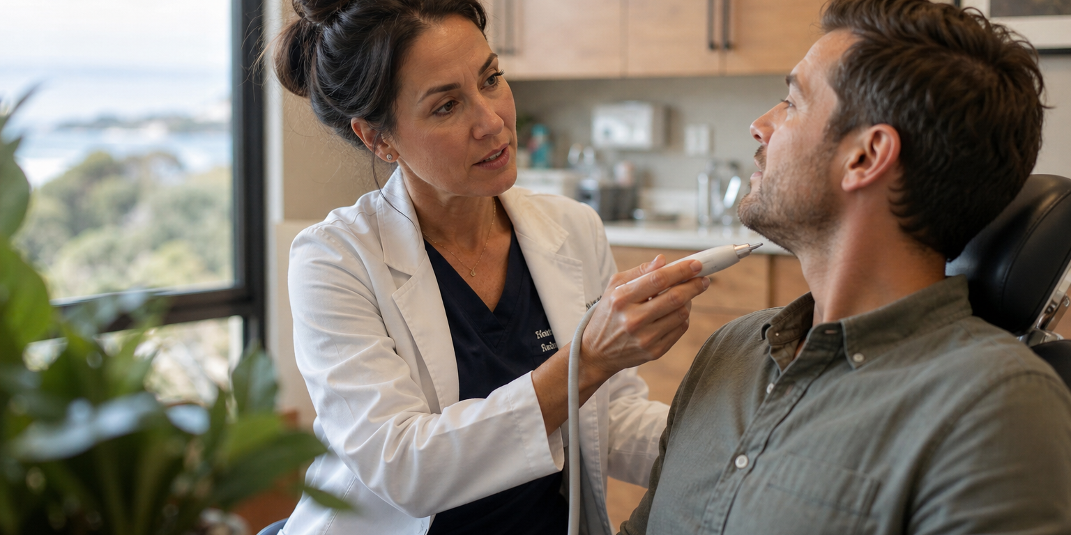 A dentist explains a minimally invasive treatment to a relaxed male patient in a warmly lit dental suite.