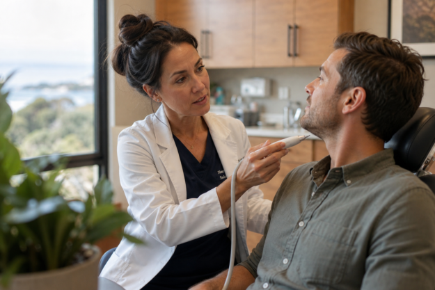 A dentist explains a minimally invasive treatment to a relaxed male patient in a warmly lit dental suite.